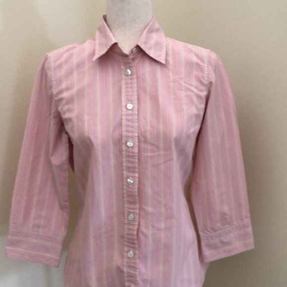 J. Crew. Button down 3/4 sleeve Shirt. Pink and Cream. Medium - Picture 2 of 9